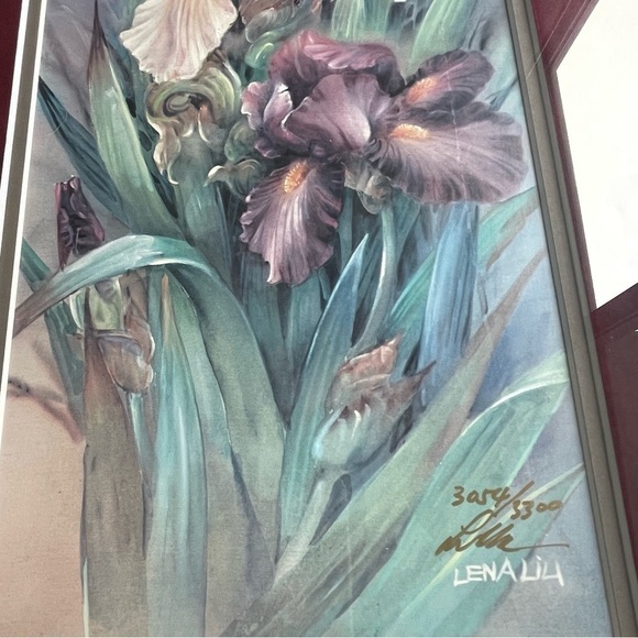 Lena Liu Floral Handsigned Artwork Print Peach And Purple Irises Limited Edition - Picture 6 of 11